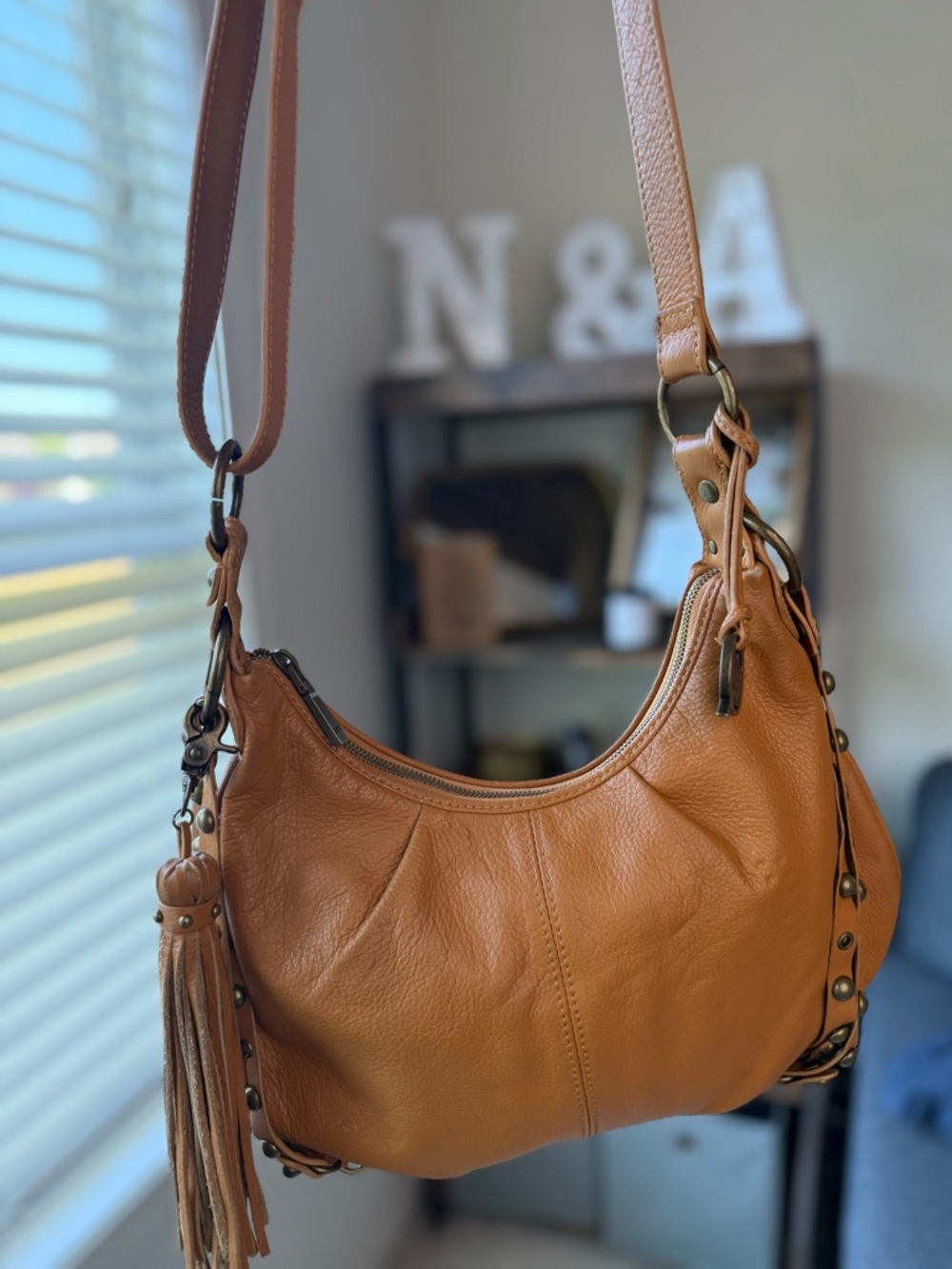 Y2K Born Tan Studded Shoulder Bag Tassel Zip Closure Gold Hardware